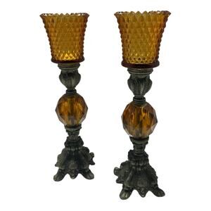 Vintage Amber Glass Brass Cotice Candle Holders Tall 11”